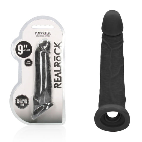 Realrock Realistic Penis Extender 9 Inch Phthalate-Free Penis Extension Sleeve Black > Sex Toys For Men > Penis Sleeves