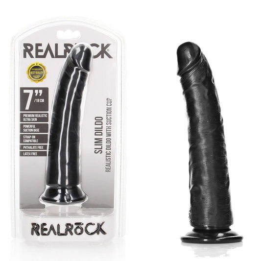 REALROCK 18cm Realistic Slim Dildo with Suction Cup for Pleasure Black DONGS