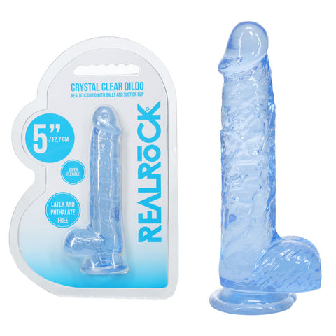 RealRock Crystal Clear (Clear) – 5 Inch Suction Cup Dildo With Balls Blue > Dildos > Slim Dildos