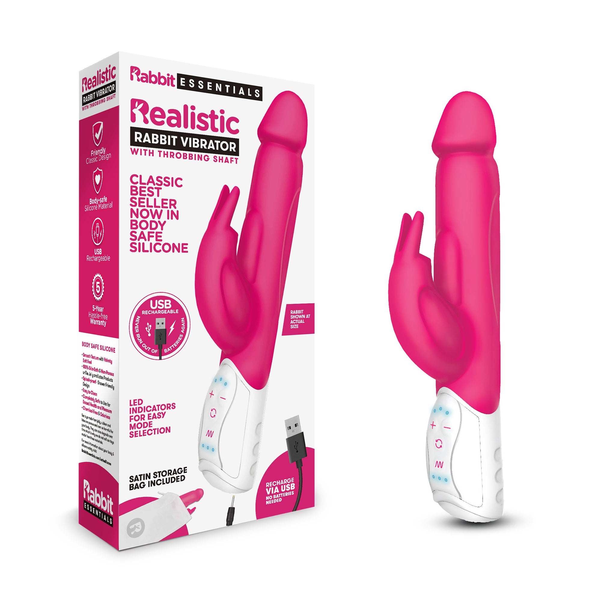 Rabbit Essentials Realistic Throbbing Shaft (Hot Pink) – Rechargeable Rabbit Vibrator Default Title VIBRATORS-RABBIT