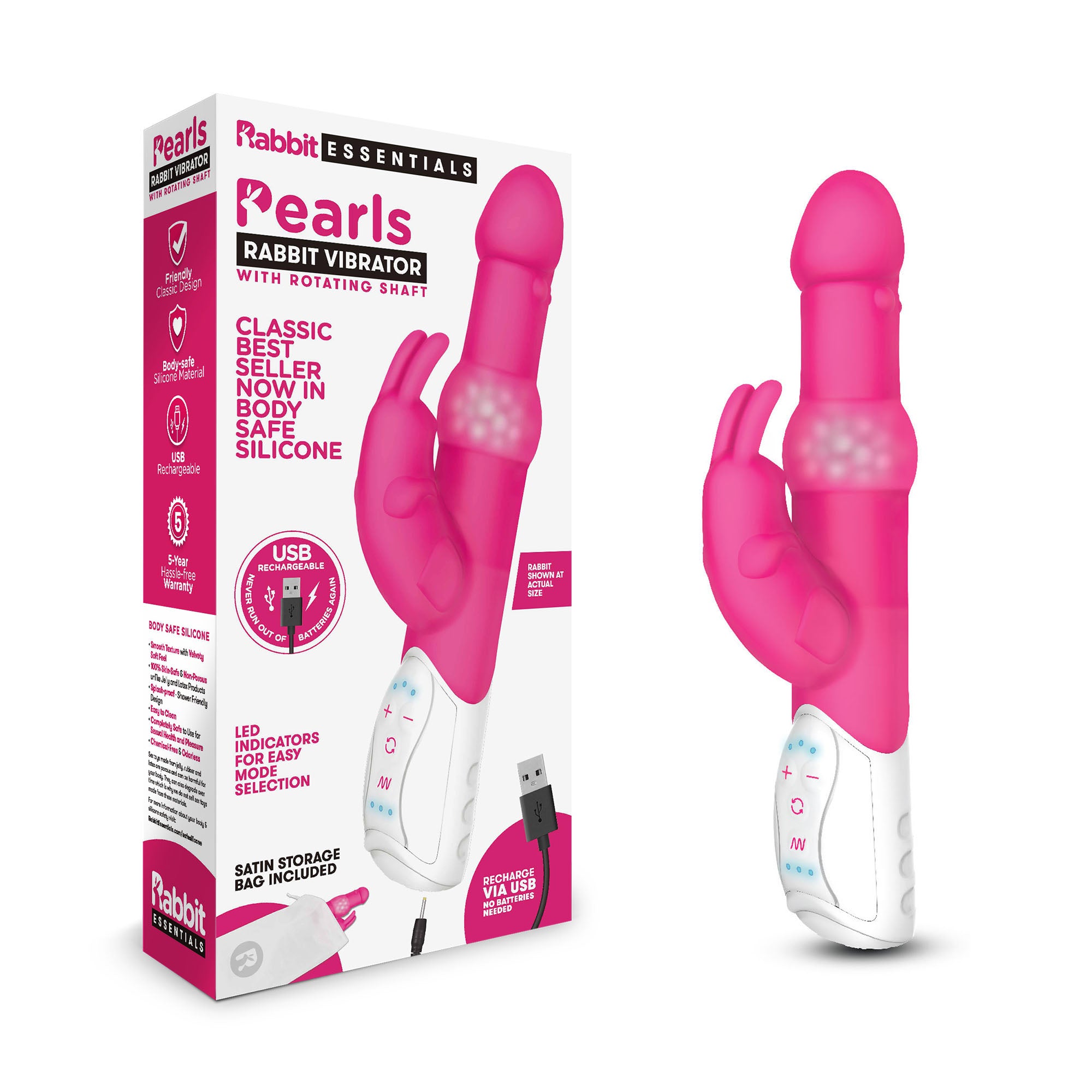 Rabbit Essentials Pleasure Pearls Rabbit Vibrator Hot Pink with Rotating Shaft and Multi-Speed Functions Default Title > Vibrators > Ladies > Rabbit Multi