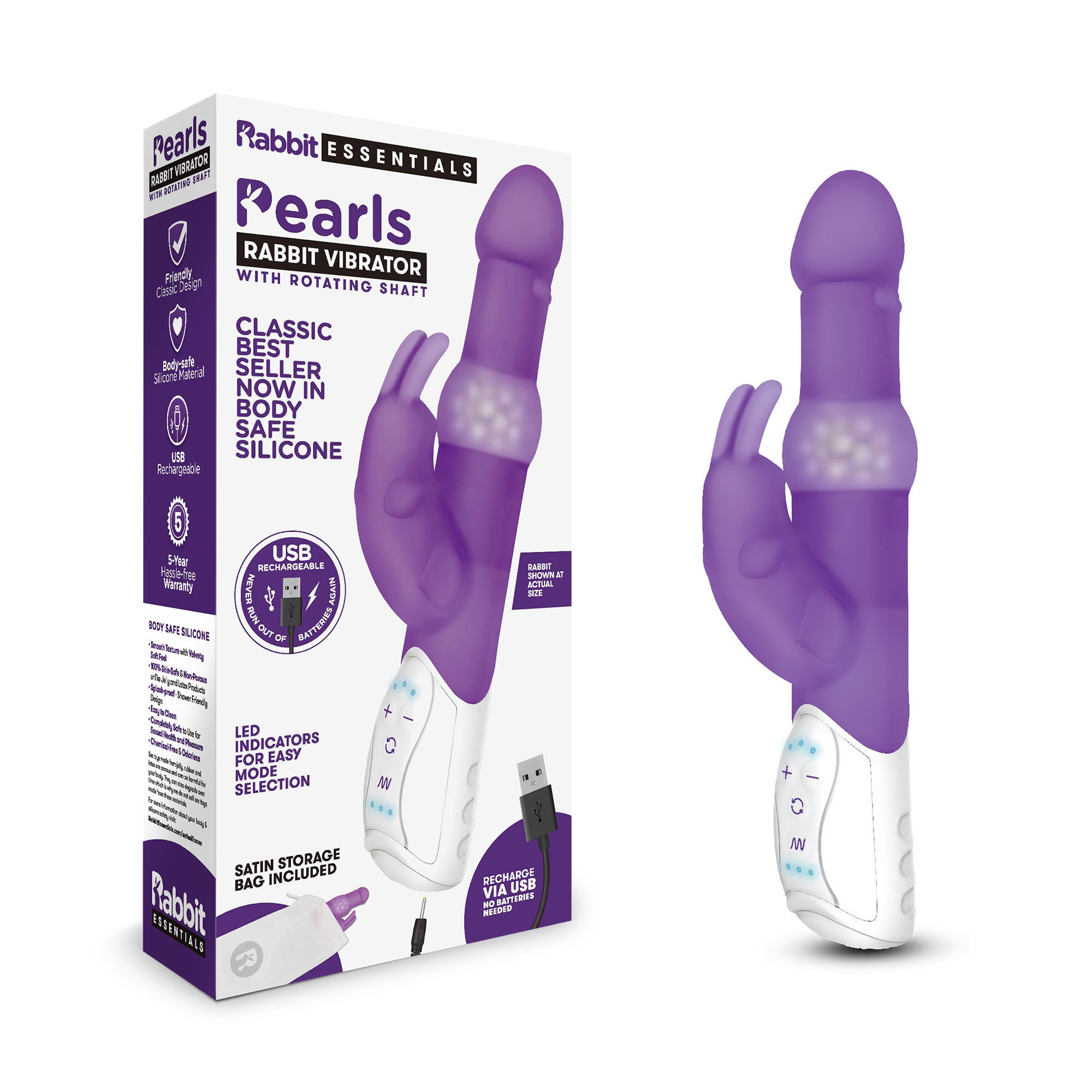 Rabbit Essentials Pleasure Pearls Rabbit Vibrator Purple with Body-Safe Silicone and LED Display Secondary image