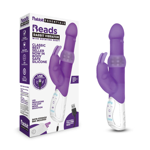 Rabbit Essentials Rechargeable Pleasure Beads Rabbit Vibrator Purple with Rotating Beaded Shaft and USB Rechargeable Body-Safe Silicone Default Title VIBRATORS-RABBIT-MULTI