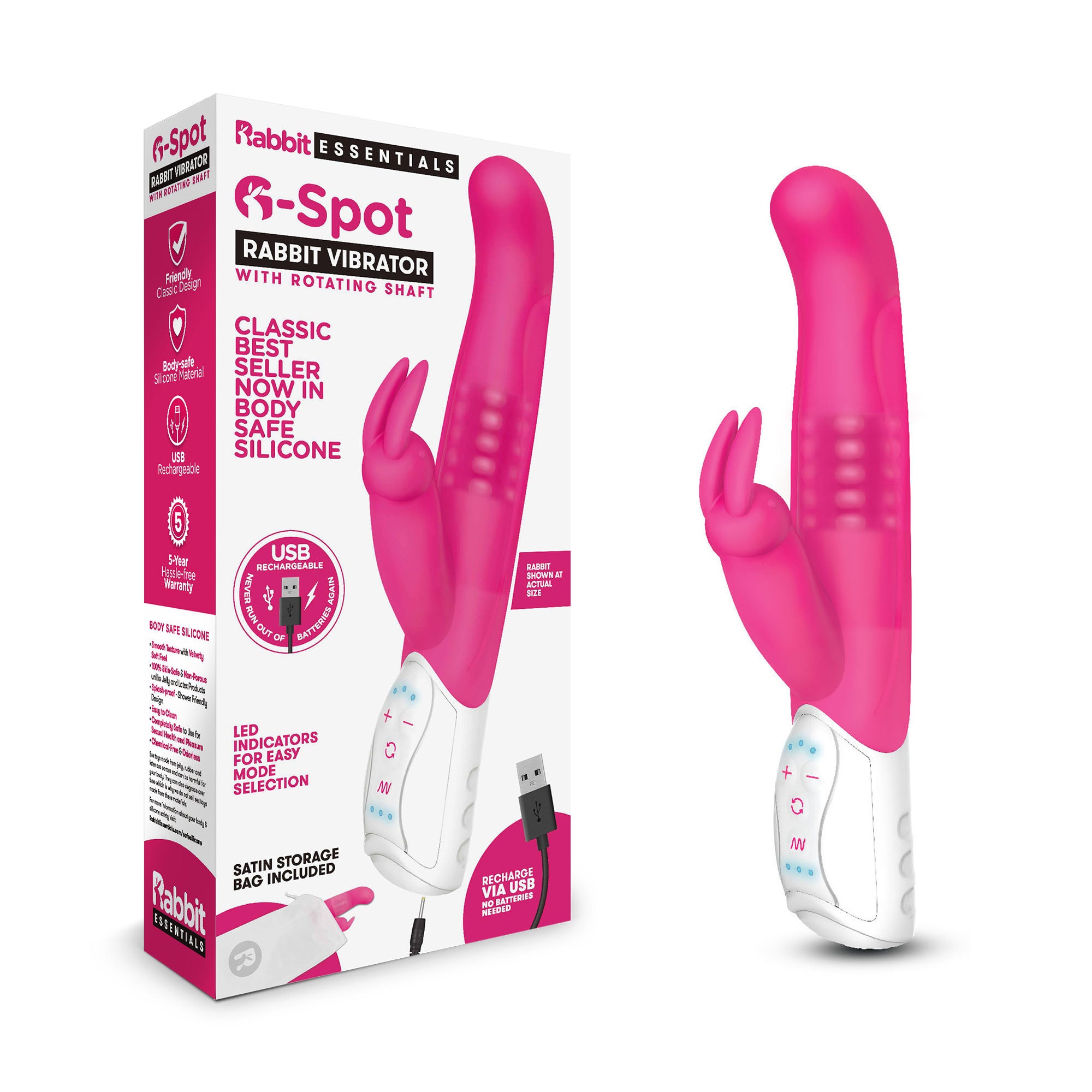 Rabbit Essentials G-Spot Rabbit Vibrator Hot Pink with Rotating Shaft and Charging Default Title > Vibrators > Ladies > Rabbit Multi Main image
