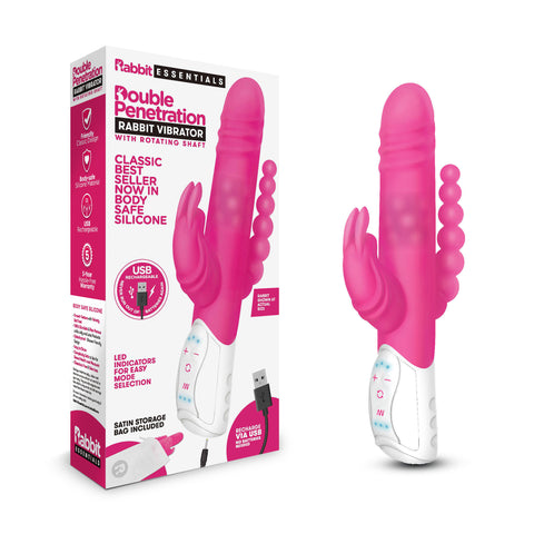 Rabbit Essentials Rechargeable Double Penetration Rabbit Vibrator Hot Pink Silicone USB Rechargeable Default Title VIBRATORS-RABBIT-MULTI