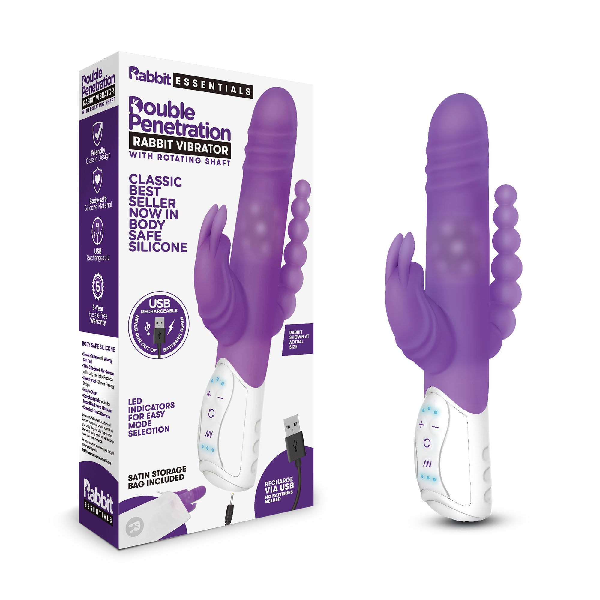 Rabbit Essentials Double Penetration Rabbit Vibrator in Purple with Rotating Beads and Body-Safe Silicone Default Title > Vibrators > Ladies > Rabbit Multi