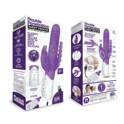 Rabbit Essentials Rechargeable Double Penetration Rabbit Vibrator in Purple with Rotating Beads and USB Rechargeable Body-Safe Silicone Default Title VIBRATORS-RABBIT-MULTI