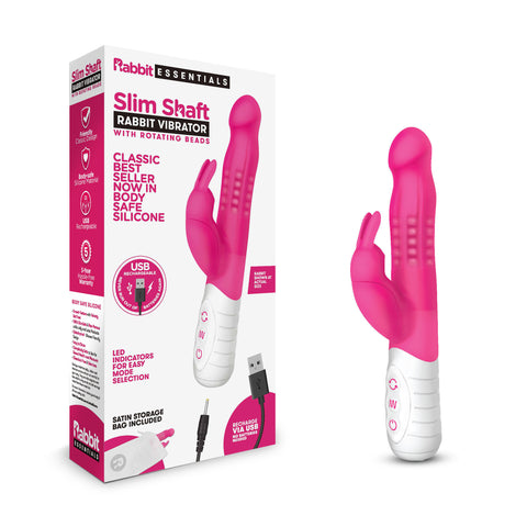Rabbit Essentials Rechargeable Slim Shaft Rabbit Vibrator – Hot Pink, Body-Safe Silicone, USB Rechargeable, Multi-Speed Dual Stimulation Default Title VIBRATORS-RABBIT-MULTI