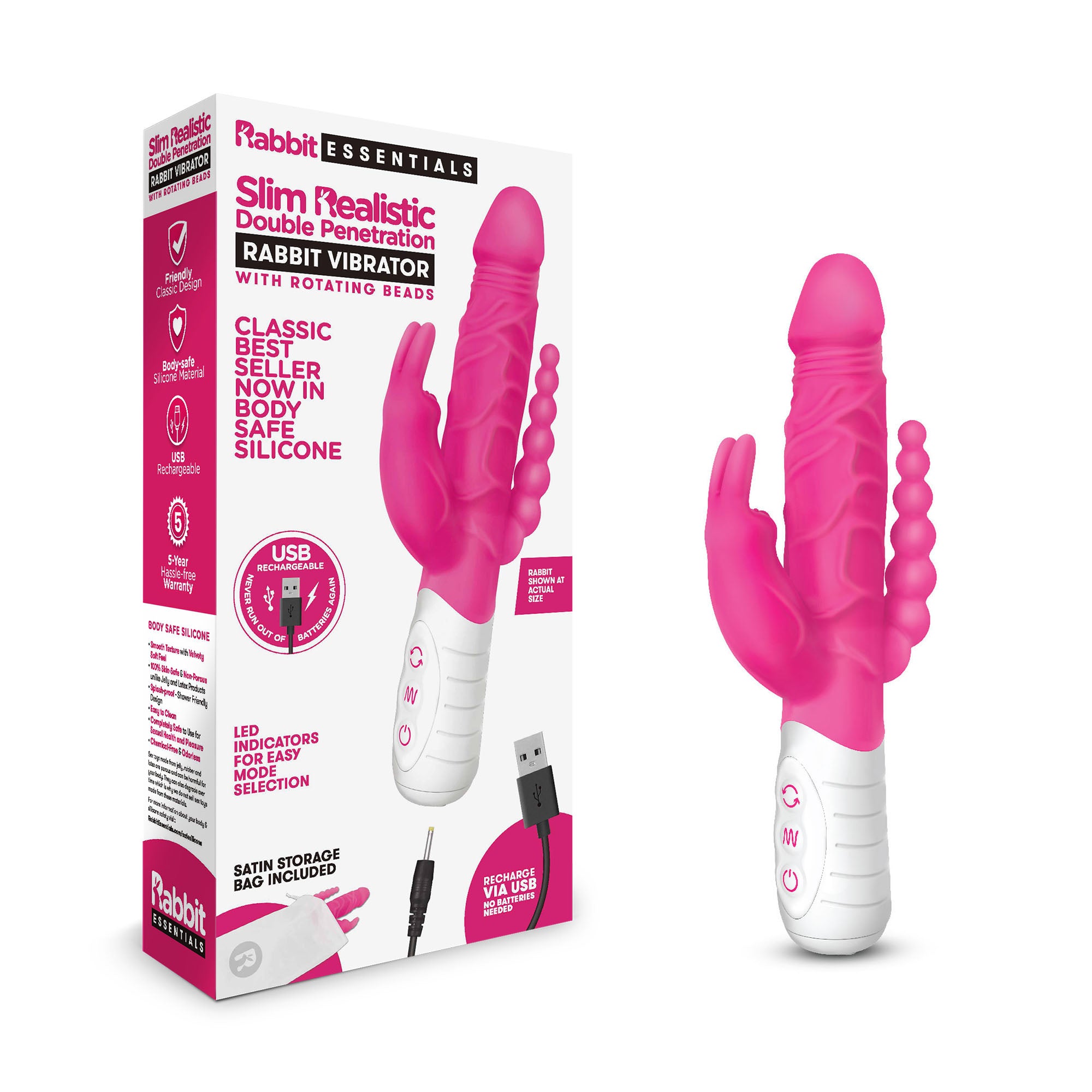 Rabbit Essentials Slim Double Penetration Rabbit Vibrator with Rotating Beads Silicone Pink Default Title > Vibrators > Ladies > Rabbit Multi