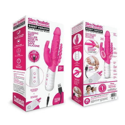 Rabbit Essentials Rechargeable Slim Double Penetration Rabbit Vibrator with Rotating Beads USB Silicone Pink Default Title VIBRATORS-RABBIT-MULTI
