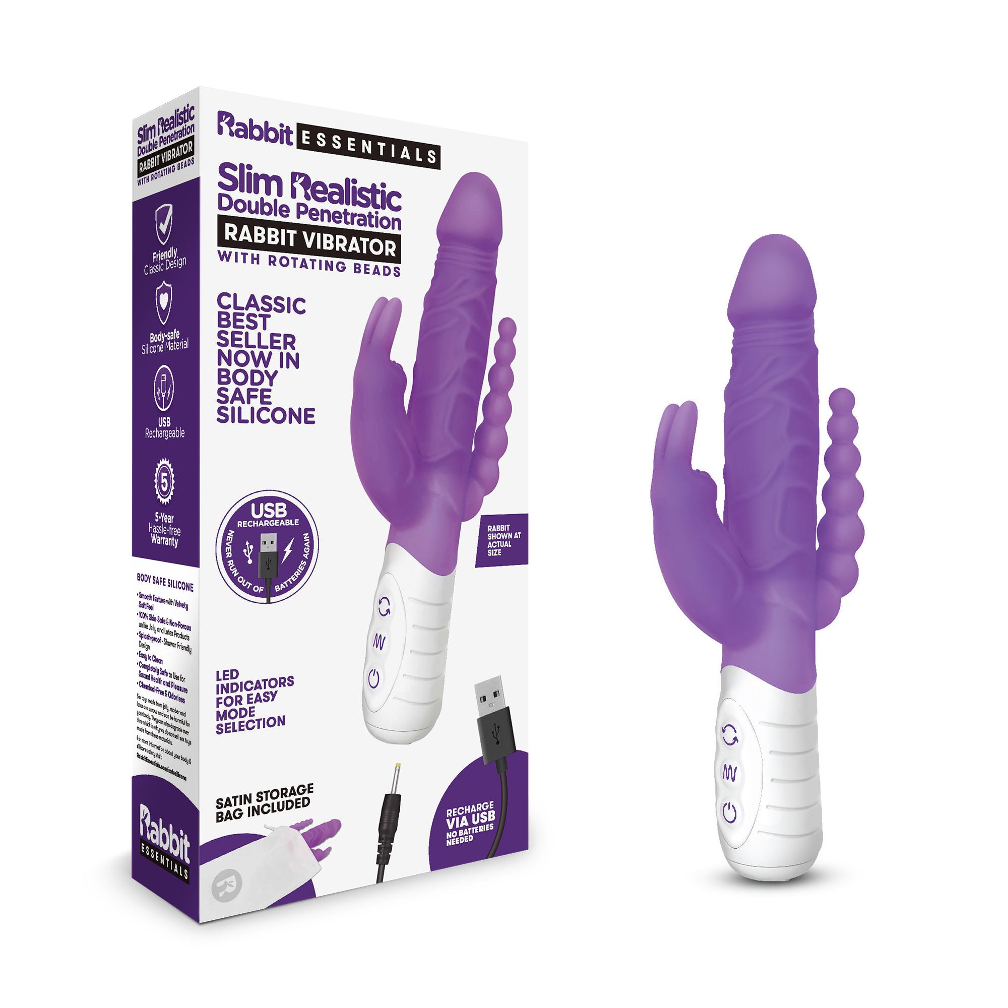 Rabbit Essentials Slim Double Penetration Rabbit Vibrator in Purple with Body-Safe Silicone Default Title > Vibrators > Ladies > Rabbit Multi Main image