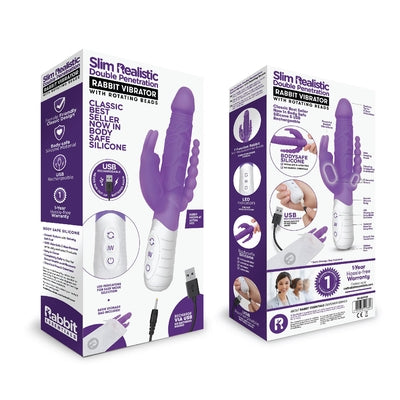 Rabbit Essentials Rechargeable Slim Double Penetration Rabbit Vibrator in Purple with USB Rechargeable Body-Safe Silicone and Multi-Speed Functions Default Title VIBRATORS-RABBIT-MULTI