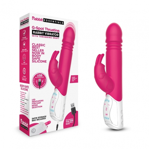 Rabbit Essentials Rechargeable G-Spot Thrusting Rabbit Vibrator Hot Pink with USB Rechargeable Ultra-Soft Silicone and Throbbing Shaft Default Title VIBRATORS-RABBIT-MULTI