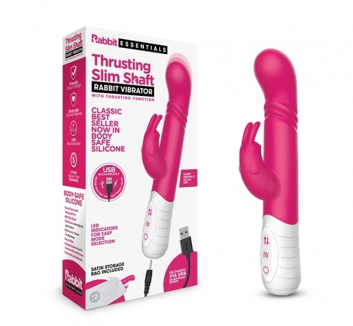 Rabbit Essentials Rechargeable Slim Shaft Thrusting G-Spot Rabbit Vibrator in Pink with USB Recharge and Satin Storage Bag Default Title VIBRATORS-RABBIT-MULTI
