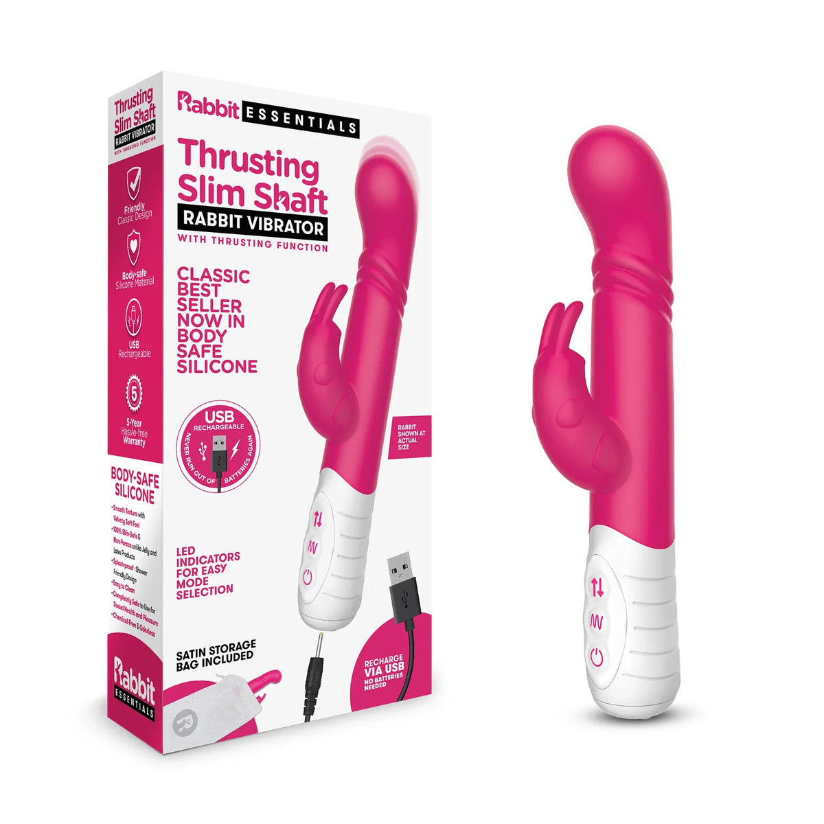 Rabbit Essentials Slim Shaft Thrusting G-Spot Rabbit Vibrator in Pink with Recharge and Satin Storage Bag > Vibrators > Ladies > Rabbit Multi