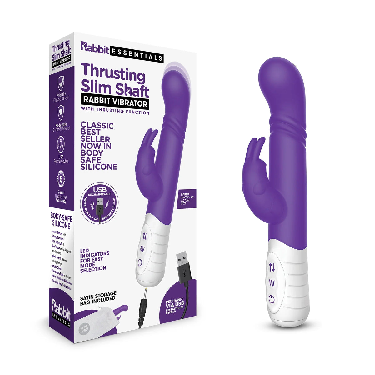 Rabbit Essentials Purple Slim Shaft Thrusting G-Spot Rabbit Vibrator with Body-Safe Silicone > Vibrators > Ladies > Rabbit Multi