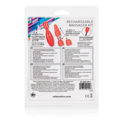 Rechargeable Massager Kit with Three Silicone Attachments and USB Charging in Coral Red Finger Stimulator