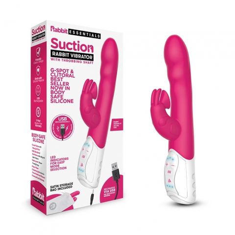 Rabbit Essentials Rechargeable Clitoral Suction Rabbit Vibrator Hot Pink with USB Rechargeable Body-Safe Silicone and Satin Storage Bag VIBRATORS-RABBIT-MULTI