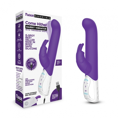 Rabbit Essentials Rechargeable Come Hither G-Spot Rabbit Vibrator Purple with USB Charging and Satin Storage Bag Vibrators - G Spot