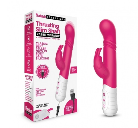 Rabbit Essentials Rechargeable Slim Shaft Thrusting G-Spot Rabbit Vibrator in Pink with USB Recharge and Satin Storage Bag VIBRATORS-RABBIT-MULTI