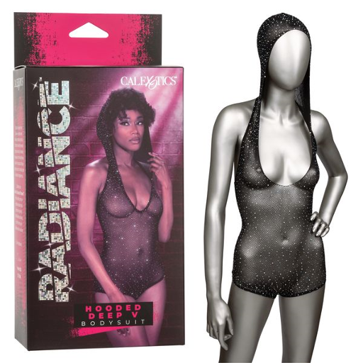 Radiance Hooded Deep V Bodysuit Black Sheer Mesh with Rhinestone Accents, One Size > Clothes > Bodies and Playsuits