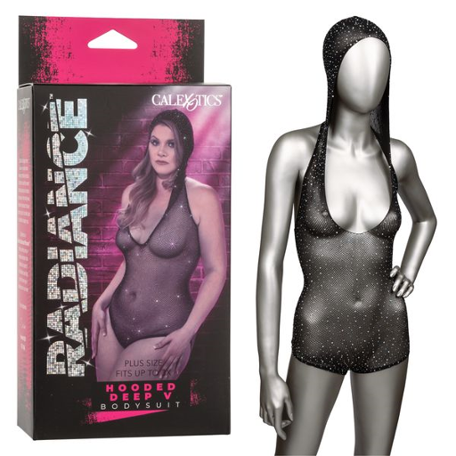 Radiance Plus Size Hooded Deep V Black Mesh Rhinestone Bodysuit Bodystocking