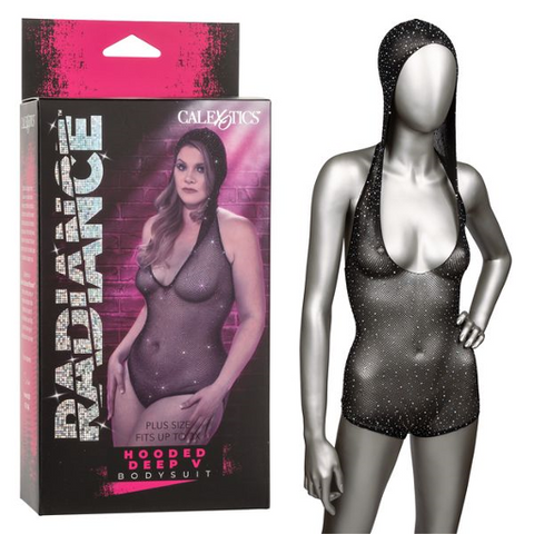 Radiance Plus Size Hooded Deep V Black Mesh Rhinestone Bodysuit Bodystocking