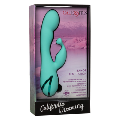 California Dreaming Tahoe Temptation Silicone Massager in Aqua Blue with Dual Vibration and Pinpoint Teaser > Vibrators > Ladies > Rabbit