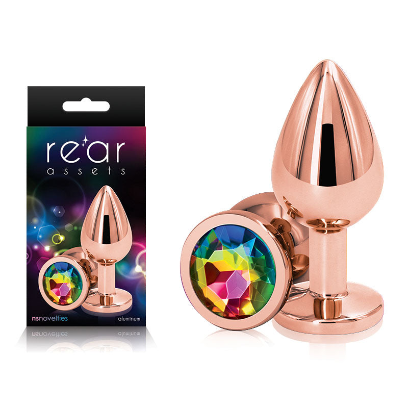 Rear Assets Round Jewel Metal Butt Plug Rose Gold Rainbow Medium > Anal Range > Jewel Butt Plugs