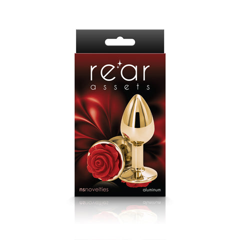 Rear Assets Rose Small Gold Butt Plug 7.6 cm with Red Rose Base > Anal Range > Jewel Butt Plugs