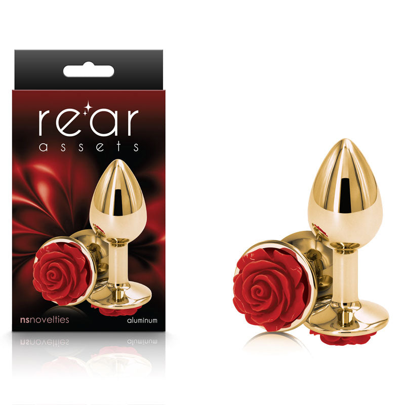 Rear Assets Rose Base Metal Butt Plug Gold Red Small > Anal Range > Jewel Butt Plugs