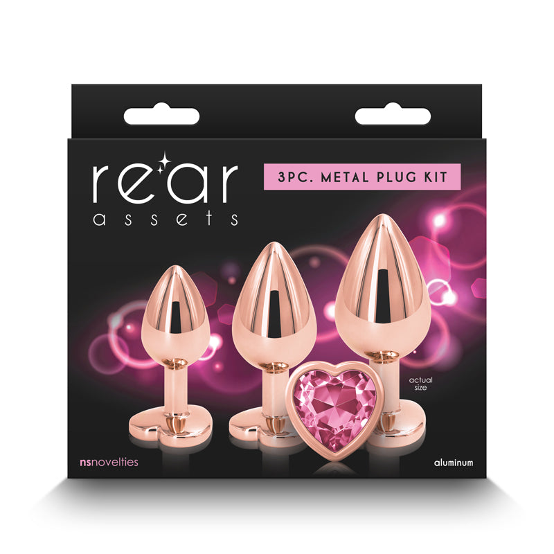 Rear Assets Trainer Kit - 3 Metallic Butt Plugs with Pink Hearts > Anal Range > Butt Plug Kits