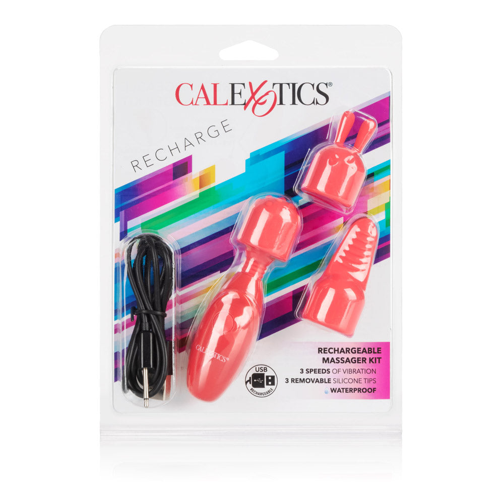 Rechargeable Massager Kit with Three Silicone Attachments and USB Charging in Coral Red Finger Stimulator