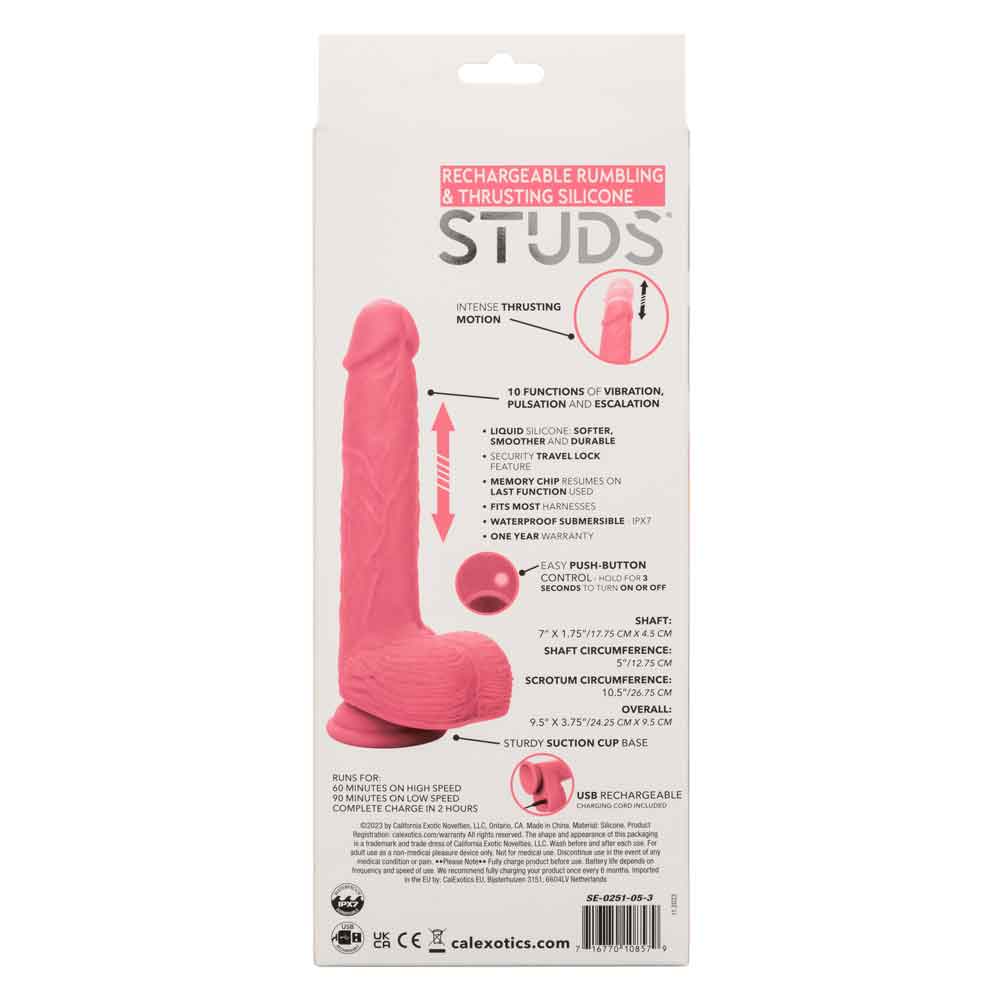 Rechargeable Rumbling Thrusting Silicone Stud Vibrator Pink 7 Inch DONGS