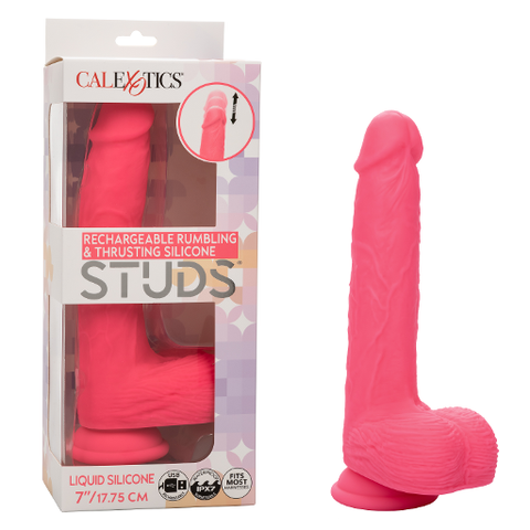 Rechargeable Rumbling Thrusting Silicone Stud Vibrator Pink 7 Inch DONGS