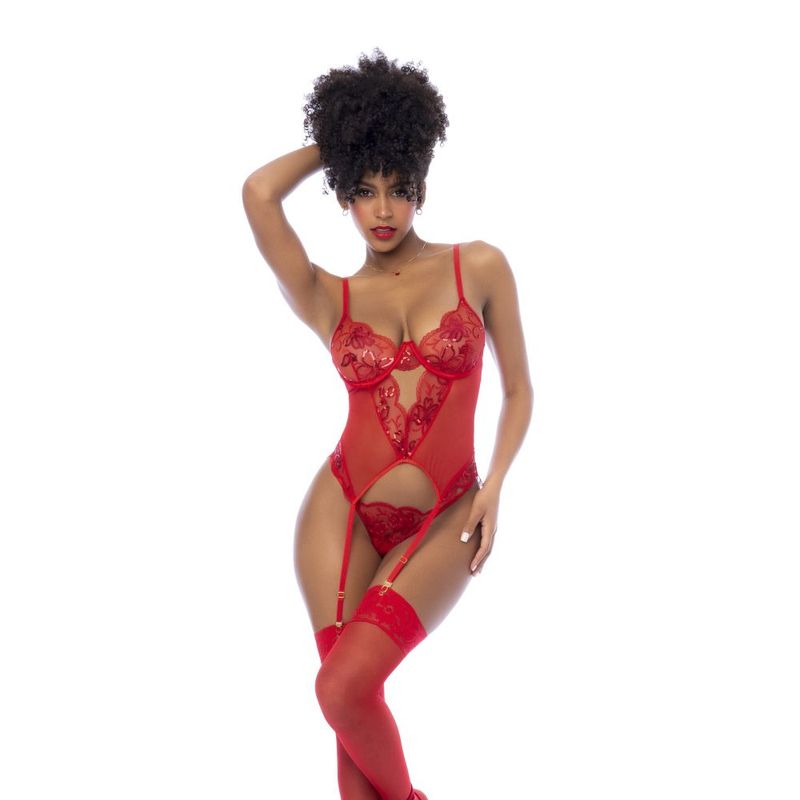 Red Sequin Embroidered Mesh Bustier Two-Piece Set with Matching Thong – Lingerie > Clothes > Bra Sets