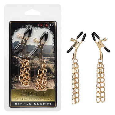 Ride 'Em Premium Denim Collection Adjustable Gold Tone Nipple Clamps with Chain > Sex Toys > Nipple Clips Main image
