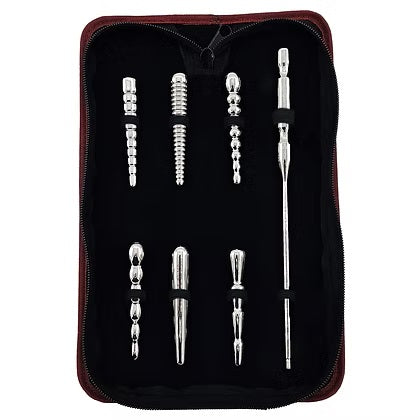 Rouge Stainless Steel Penis Plug 6 Piece Set With Handle In Storage Case Sounding Rods