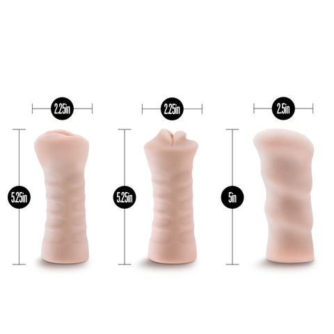 M for Men 3-Pack Self-Lubricating Vibrating Stroker Sleeves Beige Masturbation Aids for Males