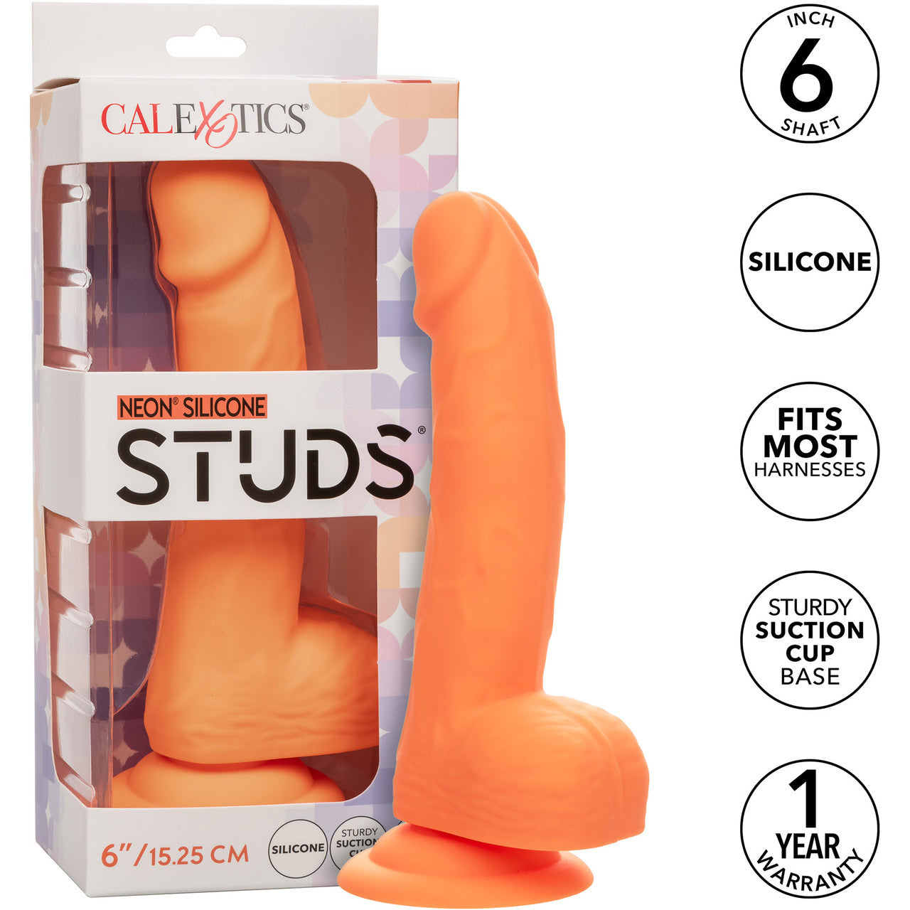 Neon Silicone Studs 6 Realistic Suction Cup Dildo With Balls By CalExotics - Orange