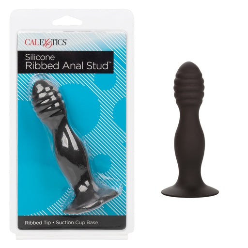CalExotics Silicone Ribbed Anal Stud Black with Ribbed Tip and Suction Cup Base Default Title Butt Plugs