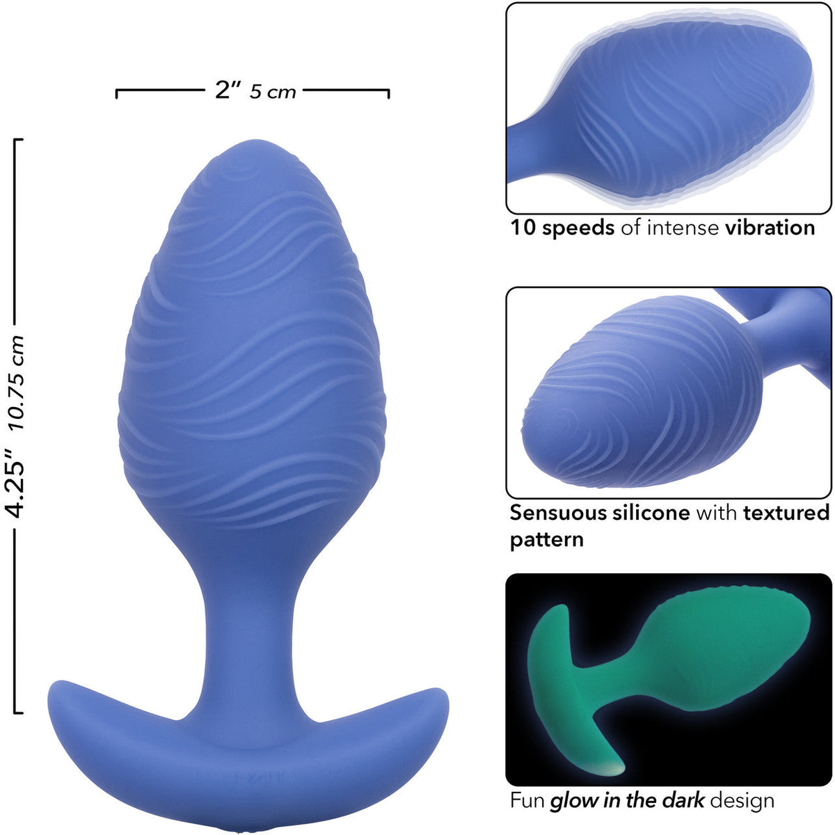 Cheeky™ Vibrating Glow-In-The-Dark Large Blue Silicone Butt Plug with 10 Speeds and Battery > Anal Range > Vibrating Butt Plugs