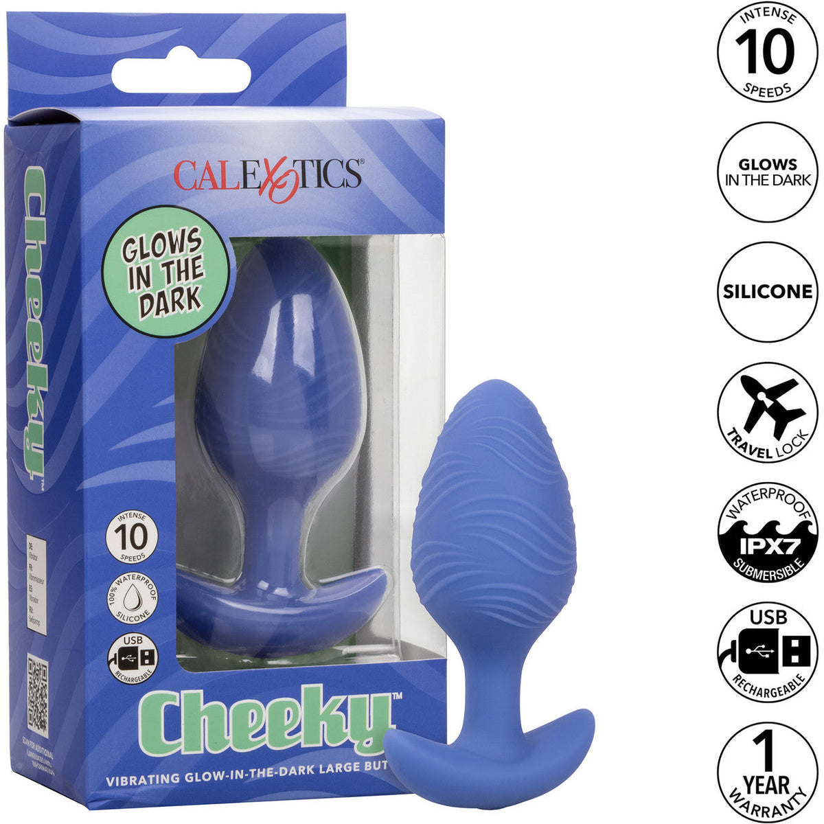 Cheeky™ Vibrating Glow-In-The-Dark Large Blue Silicone Butt Plug with 10 Speeds and Battery > Anal Range > Vibrating Butt Plugs