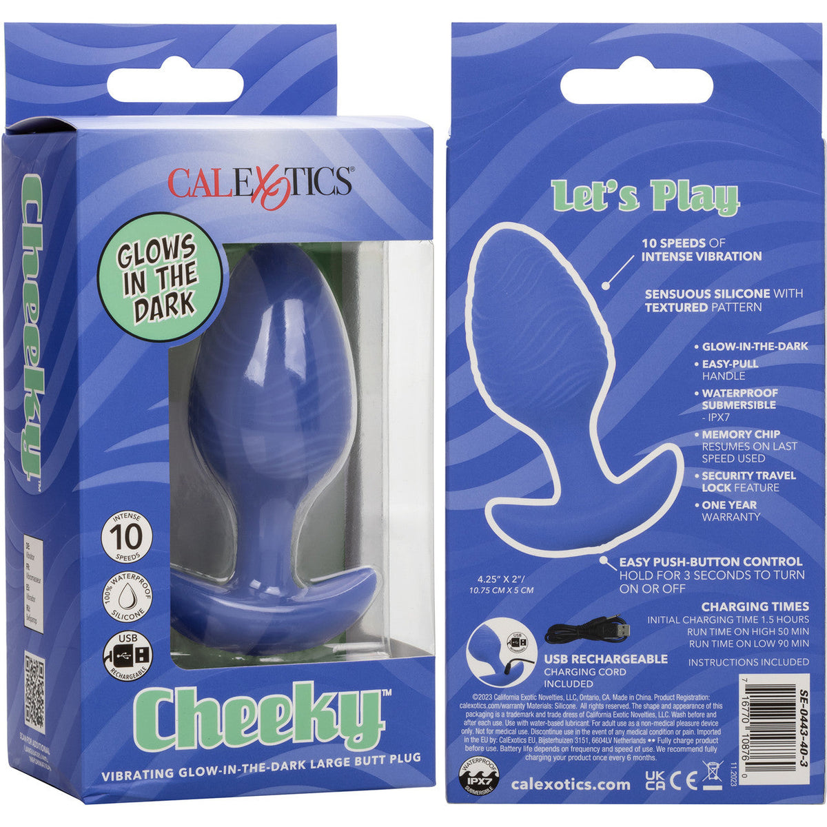 Cheeky™ Vibrating Glow-In-The-Dark Large Blue Silicone Butt Plug with 10 Speeds and Battery > Anal Range > Vibrating Butt Plugs