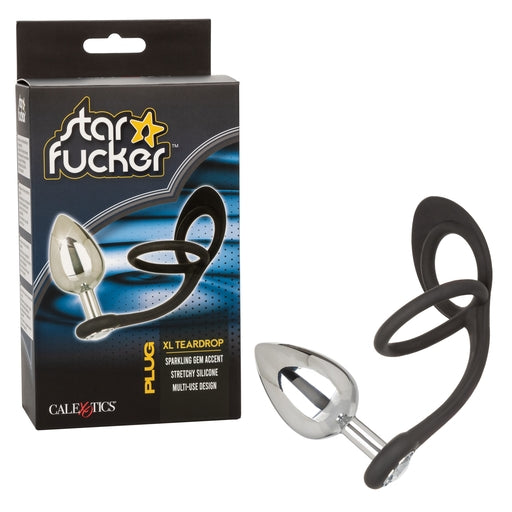 Star Fucker XL Teardrop Plug Black Silicone and Silver Metal Dual Enhancer with Sparkling Gem Accent > Anal Range > Prostate Plugs