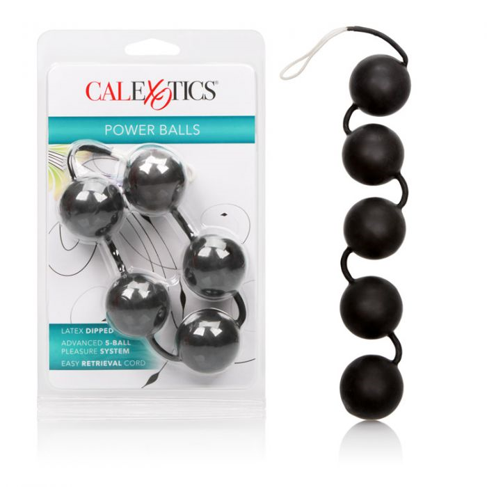 CalExotics Power Balls Black Latex Dipped 5-Ball Pleasure System with Easy Retrieval Cord 1.25 Inch Diameter Black Kegel & Pelvic Exercisers