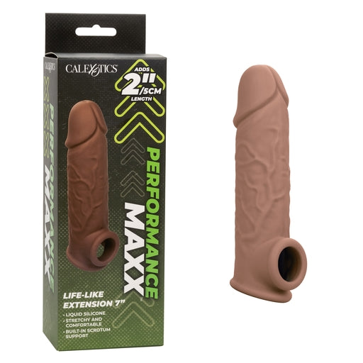 Performance Maxx Life-Like Extension 7 Inch Brown Stretchy Liquid Silicone Sleeve with Built-In Scrotum Strap Brown SLEEVES