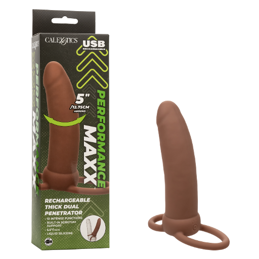 Performance Maxx Rechargeable Thick Dual Penetrator 5 Inch Brown Liquid Silicone with USB Charging and Scrotum Ring Brown VIBRATORS