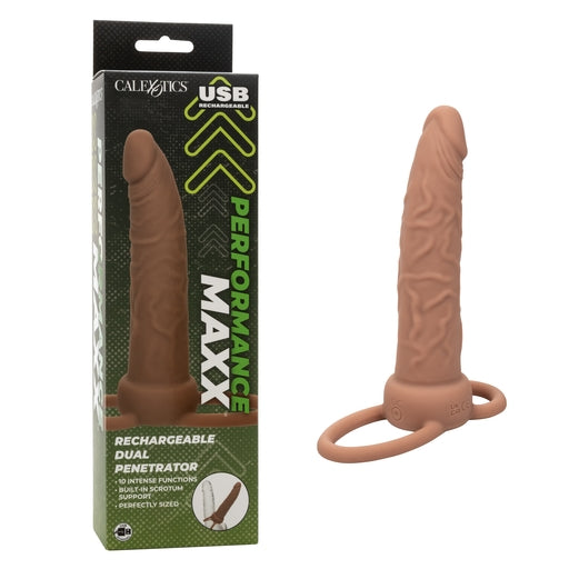 Performance Maxx Rechargeable Dual Penetrator Brown with 10 Vibration Functions and Dual Ring Support Brown Dildos & Dongs