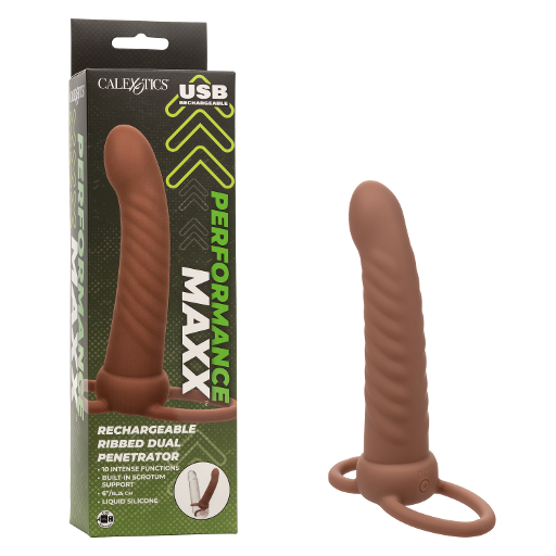 Performance Maxx Rechargeable Ribbed Dual Penetrator Brown Liquid Silicone USB Rechargeable Waterproof with Built-in Scrotum Ring Brown VIBRATORS